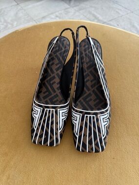 Fendi Brown & White Monogram Slingback Flats
